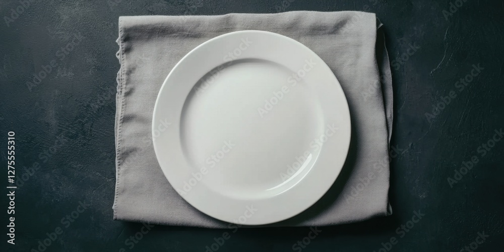 Aufkleber top view of a white ceramic plate centered on a soft grey napkin on a dark surface with gentle shado