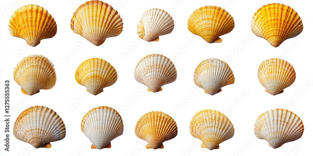 Poster Colorful collection of yellow and white scallop shells arranged in a grid pattern showcasing various sizes and intricate details on a white background.