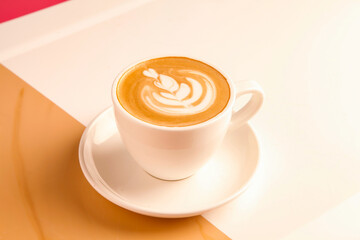 Cup of cappuccino served in a coffee shop cafe.