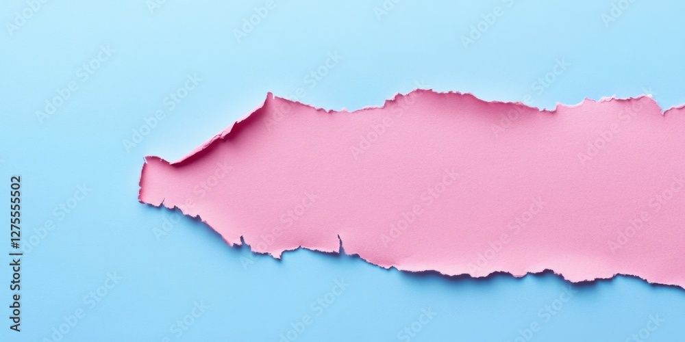 Poster Torn pink paper fragment set on a smooth blue background with ample negative space for copy positioned elegantly from a top perspective.