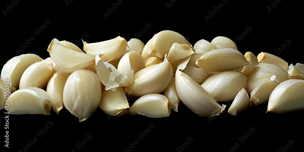 Poster peeled garlic cloves in various sizes arranged in a dynamic pile against a dark background highlight