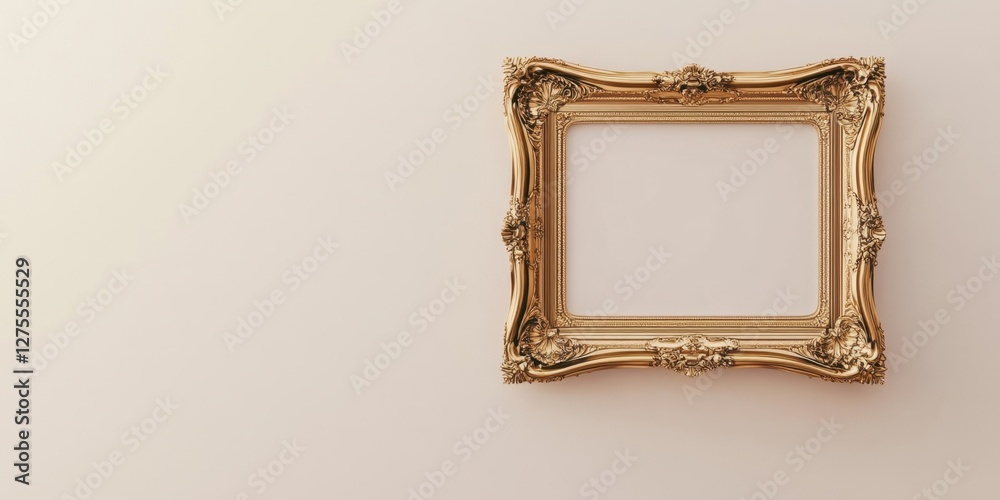 Poster Luxurious gold photo frame with intricate designs centered against a plain white backdrop providing ample negative space for text and branding.
