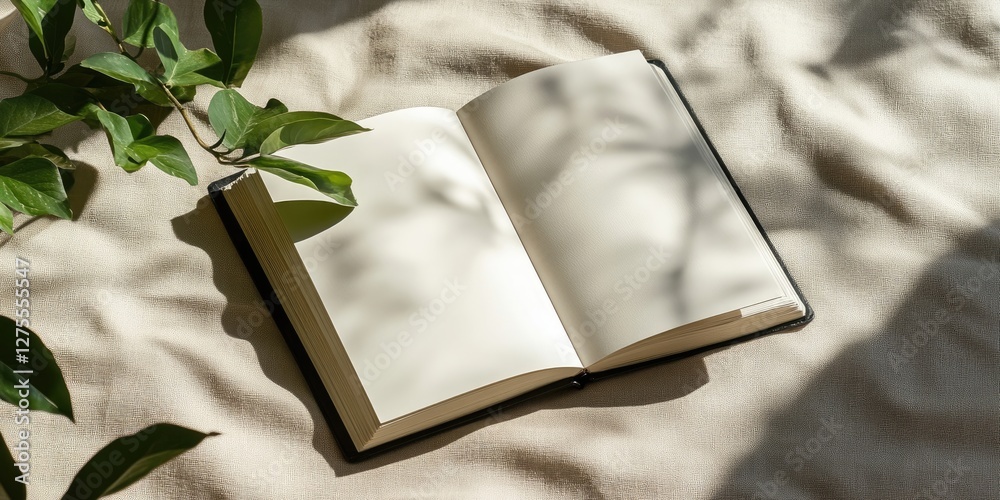 Poster open blank book on soft beige fabric with green plant leaves adjacent, sunlight casting gentle shado