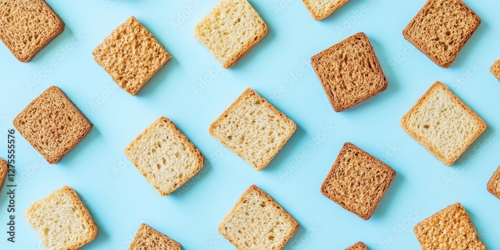 Leinwandbilder a scattered arrangement of various rusks in light brown and beige tones on a vibrant blue background