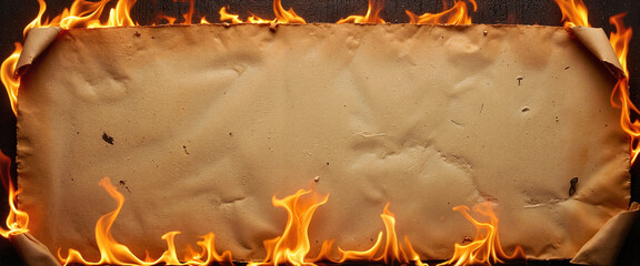 Burning aged parchment with medieval script, historical symbolism