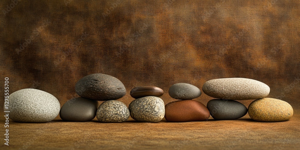 Leinwandbilder varied stones and pebbles in assorted sizes arranged on a warm brown backdrop highlighting product d