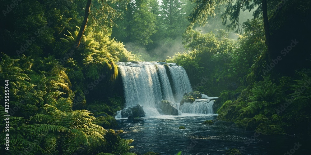 Fototapete Lush green forest with a cascading waterfall in the center, surrounded by ferns and mist, creating a serene natural landscape scene.