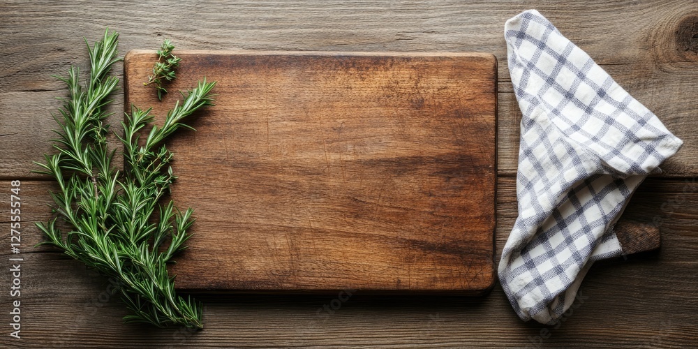 Aufkleber wooden cutting board with fresh rosemary and a checkered napkin on a rustic wooden table top view wi