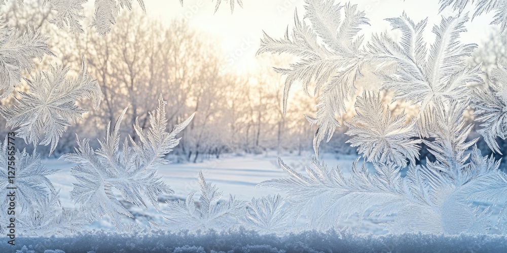 Poster Frosted window pane with intricate ice patterns in white frames a serene winter landscape of snow-covered trees at sunrise in soft pastel colors.
