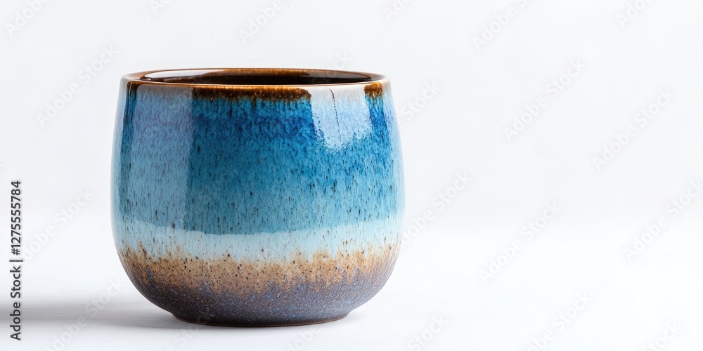 Poster Ceramic pot with a gradient of blue to brown colors, positioned on a white background, emphasizing its smooth texture and artistic design.