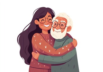 A woman and an older man are hugging each other. Father day