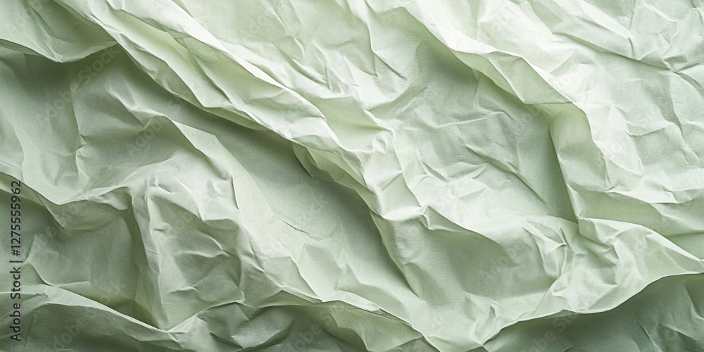 Poster Crumpled pale green paper texture with subtle shadows creating a dynamic surface pattern ideal for backgrounds or creative design elements.
