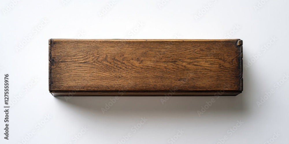 Fototapete Aerial view of a vintage wooden box in rich brown tones centered on a clean white background with ample negative space for text or graphics