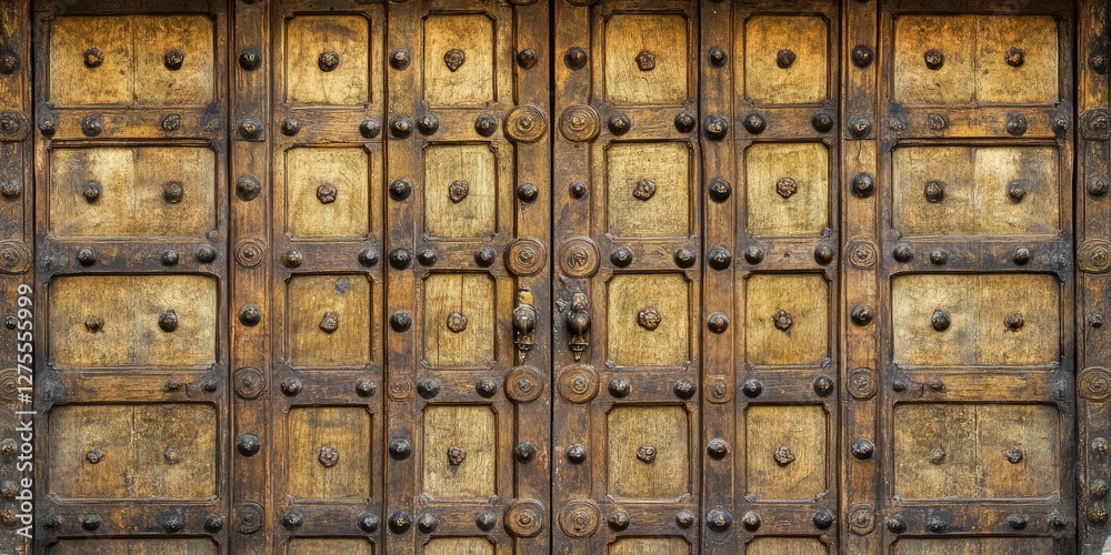 Poster intricately designed ancient wooden door with a rich brown and gold pattern against a textured white