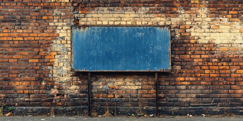 Naklejka premium Aged blue sign centrally placed in front of a rustic brick wall with orange and brown tones. The sign has ample empty space for text or graphics.