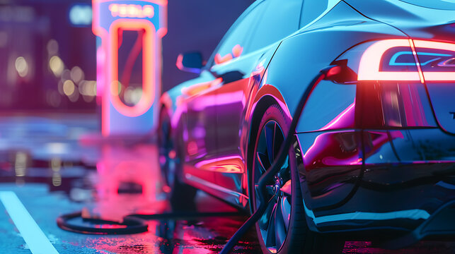 An electric car charging station at night. 
