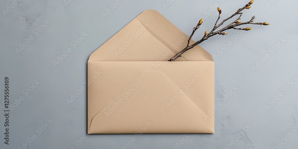 Aufkleber neutral beige envelope partially open on a light gray surface with delicate yellow-tipped twigs peek