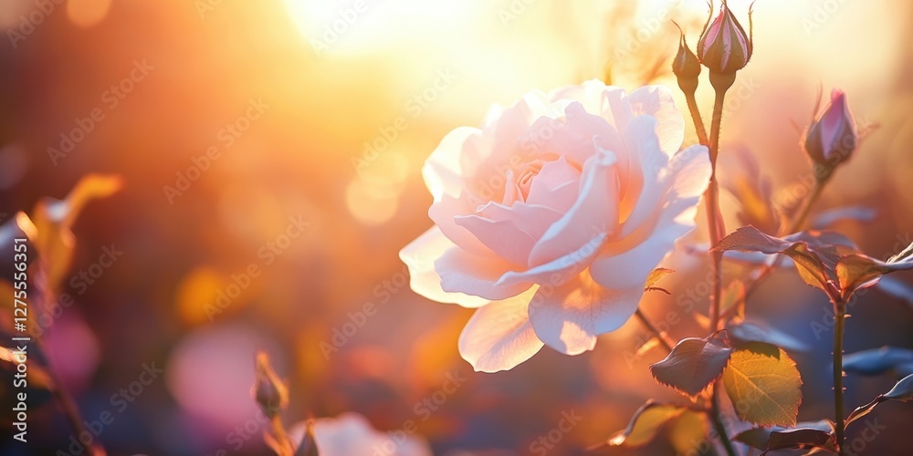 Poster delicate morning rose in pastel hues illuminated by soft sunlight with lush green leaves and gentle 