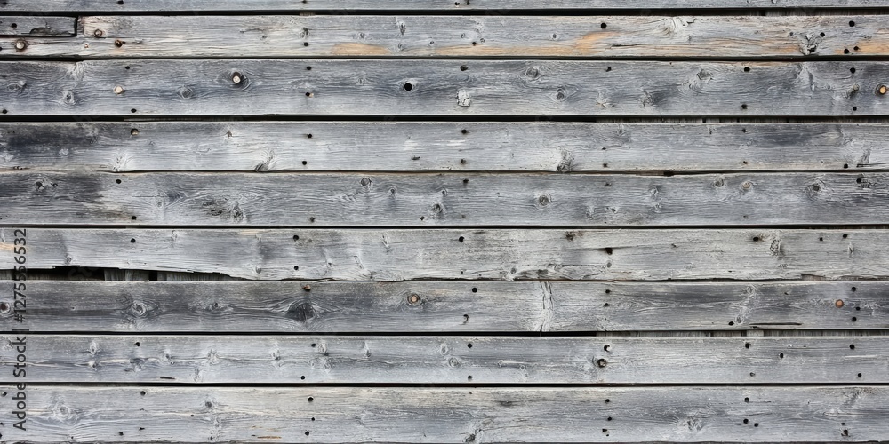 Aufkleber Weathered gray wooden planks with varying textures and knots arranged horizontally creating a rustic background with a worn appearance.