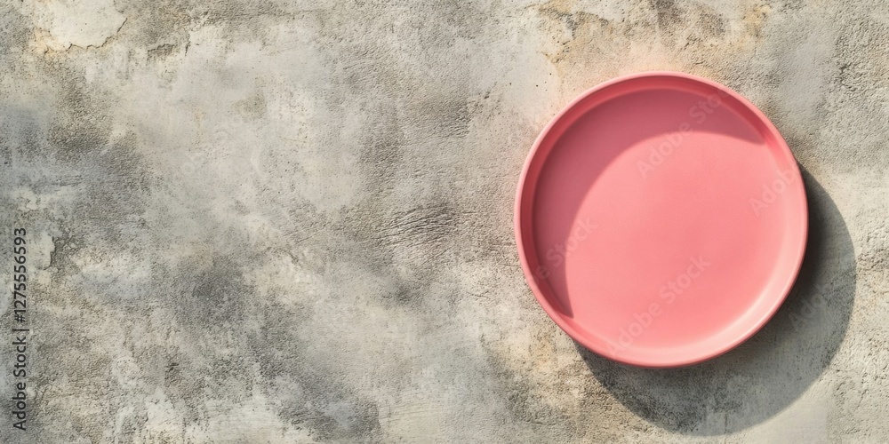 Aufkleber Vacant pink plate centered on a rough gray cement surface with ample empty space for design elements to the left and below the plate