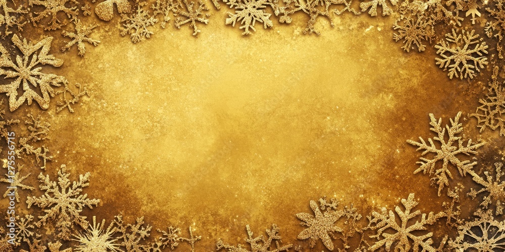 Aufkleber golden textured background adorned with intricate white snowflakes in various sizes along the edges,
