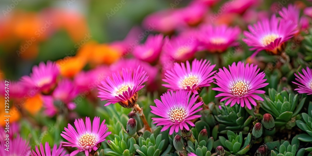 Aufkleber vibrant pink and orange flowers in a lush garden setting with soft bokeh backdrop highlighting the d