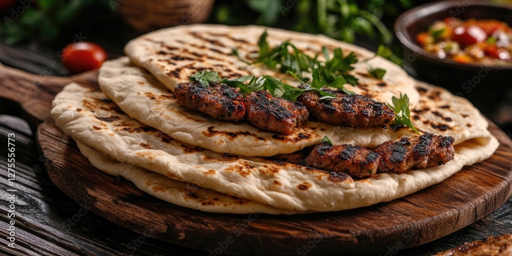 Poster grilled meat skewers on flatbreads arranged on a wooden platter with green herbs and a colorful sals