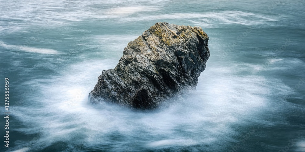 Aufkleber solitary rugged rock stands prominently in serene waves with a bluish-green tone creating a striking