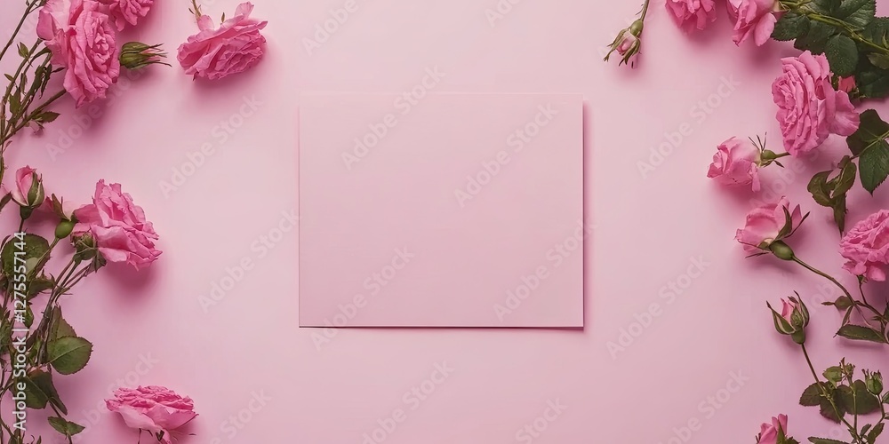 Poster blank pink paper card centered on a soft pink pastel background surrounded by delicate pink roses ar