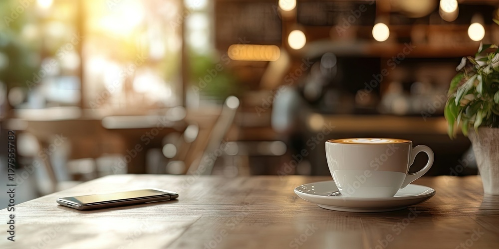 Aufkleber abstract background featuring a white coffee cup on a saucer with a smartphone beside it on a wooden