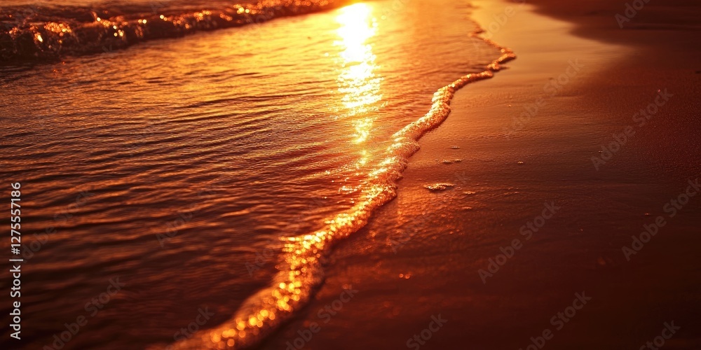 Aufkleber Golden sunset reflections on a tranquil beach with gentle waves lapping the shore capturing warm orange and soft beige tones.