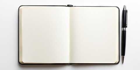 Minimalist flat lay of an open notebook with blank pages and a black pen on a clean white background offering spacious copy space and simplicity