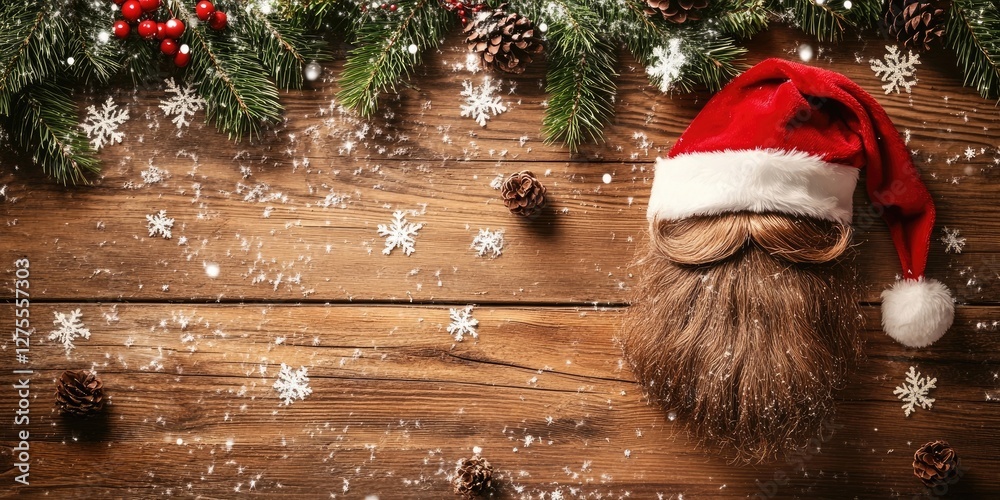 Aufkleber festive wooden surface with pine cones red berries snowflakes and santa hat featuring a beard in the