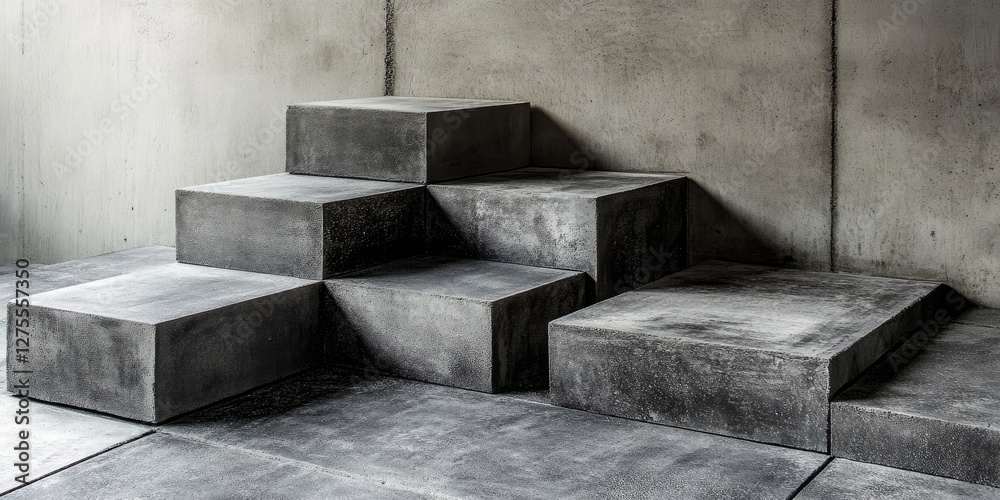 Poster abstract geometric concrete steps in varying shades of gray against a textured gray wall and floor, 