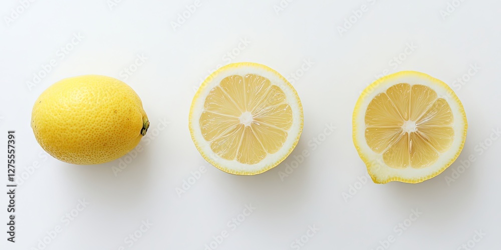 Poster fresh yellow lemon on the left with two halved lemons in the center and right, all arranged on a cle
