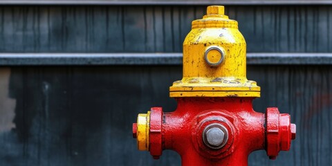 Fototapeta premium Classic urban fire hydrant in vibrant red and yellow colors centered against a dark background highlighting its essential design for fire safety