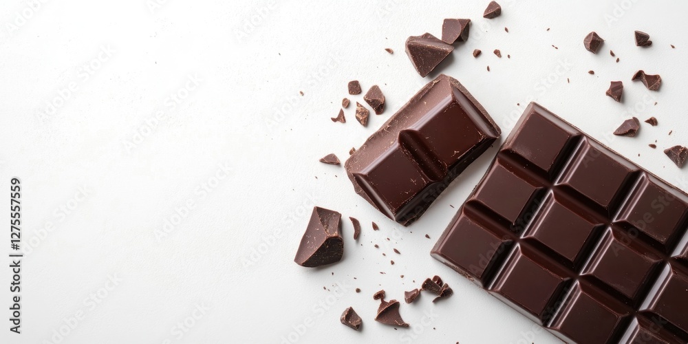 Poster rich dark chocolate bar with two broken pieces showcasing smooth texture on a clean white background