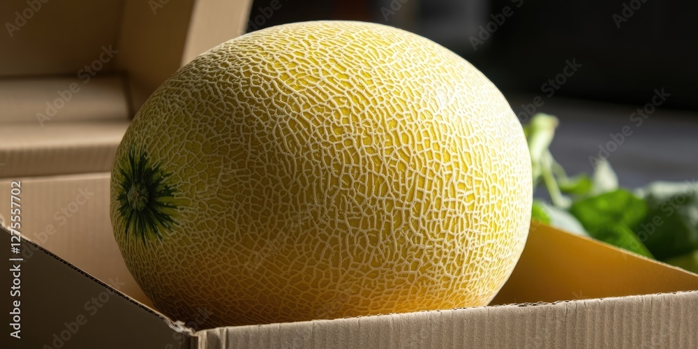 Aufkleber yellow melon resting in a cardboard box with a textured surface, surrounded by leafy greens in a sof