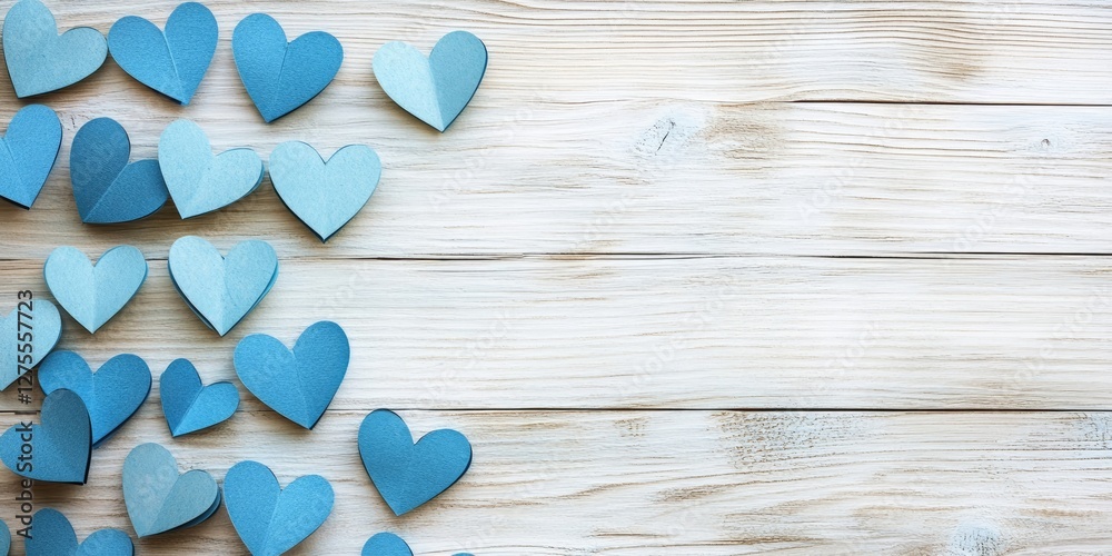 Aufkleber blue paper hearts scattered across a light wooden background with subtle grain texture creating an i