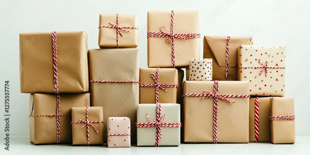 Poster festive holiday gift boxes neatly arranged with various sizes in neutral tones and decorated with re