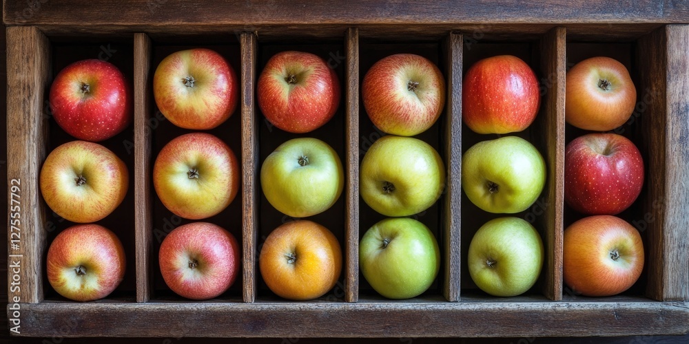 Poster colorful apples in a wooden box on a rustic shelf arranged neatly with vibrant reds, greens, and ora