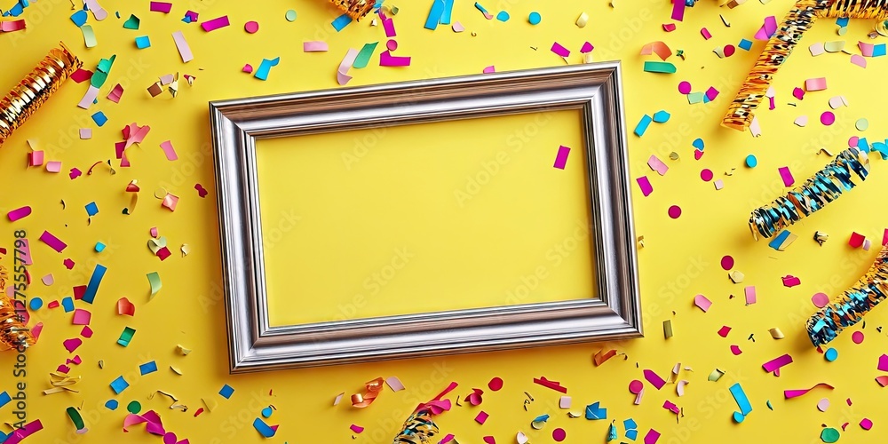 Poster empty silver photo frame centered on bright yellow background surrounded by colorful confetti and pa