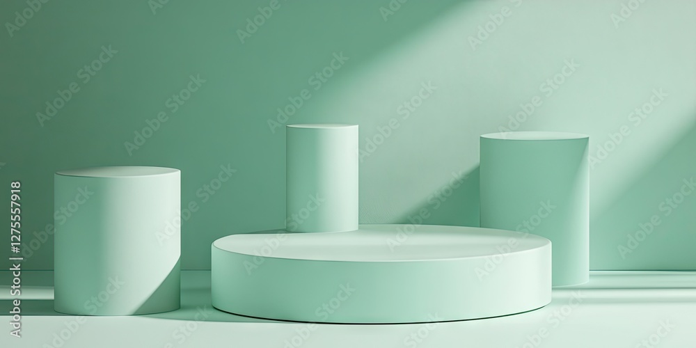 Fototapete minimalist setup featuring cylindrical and circular pastel mint green formations on a smooth surface