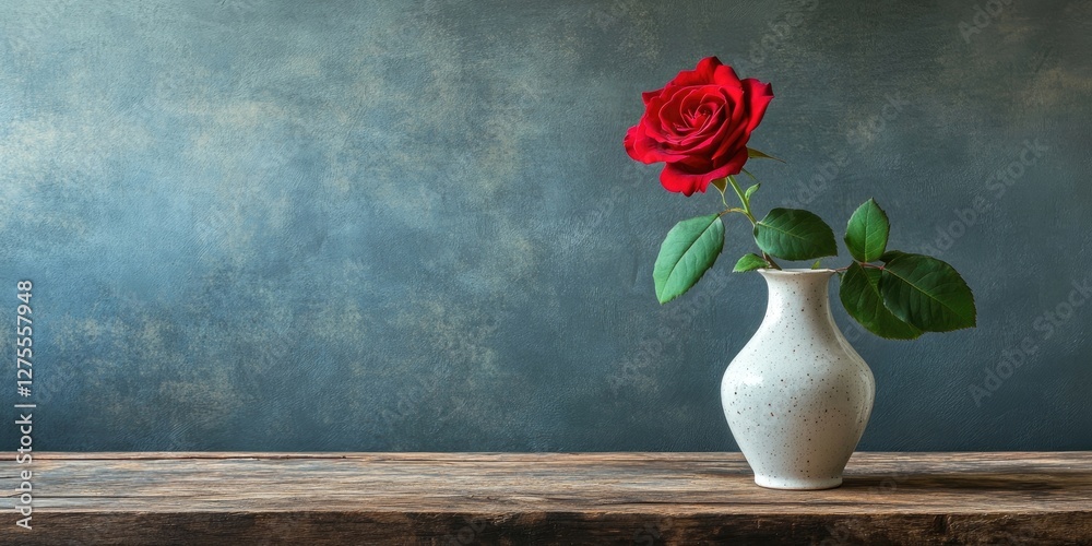 Poster elegant red rose in a white ceramic vase on a rustic wooden table against a textured dark teal backg