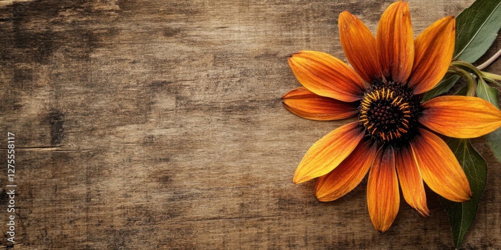 Fototapete rustic brown and orange rudbeckia hirta flower positioned on weathered wooden background with blank 