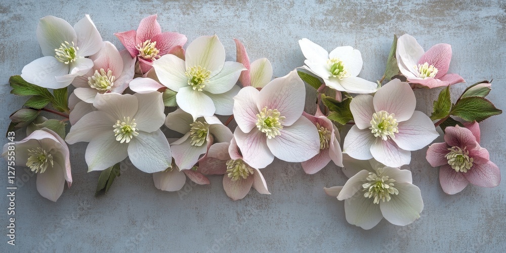 Leinwandbilder delicate hellebore flowers in soft pink and white hues arranged in a flat lay on a textured grey bac