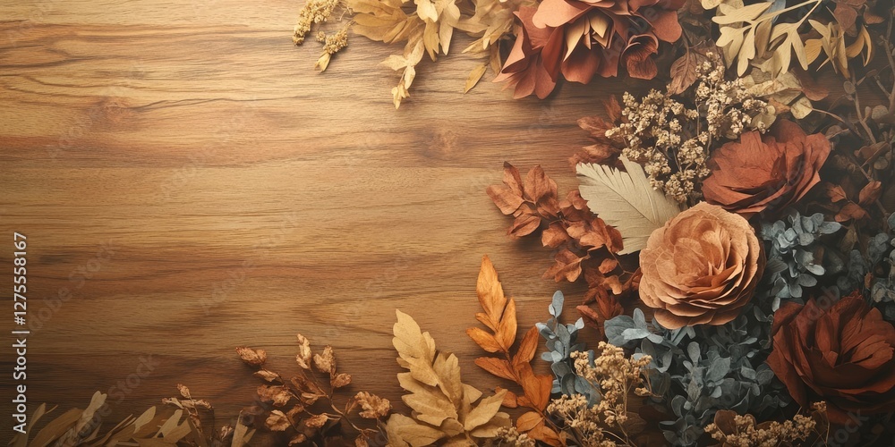 Poster rustic floral arrangement featuring orange and blue flowers with autumn leaves on a wooden backgroun