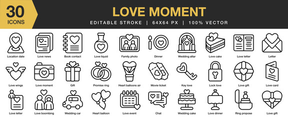 Love Moment icon set. Editable Stroke Icon Collection. Includes love, happy, family, together, lifestyle, relationship, and More. Outline icons vector collection.