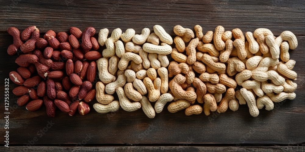 Poster A visually appealing arrangement of red dark brown and light tan dried peanuts on a textured wooden surface creating a natural rustic aesthetic