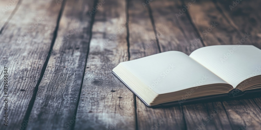 Leinwandbilder Open blank notebook lying on rustic wooden table with dark brown and gray tones creating a warm and inviting atmosphere for writing.